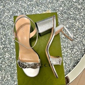 Authentic GUCCI EU39 GG Marmont silver Sequined Heel Sandals